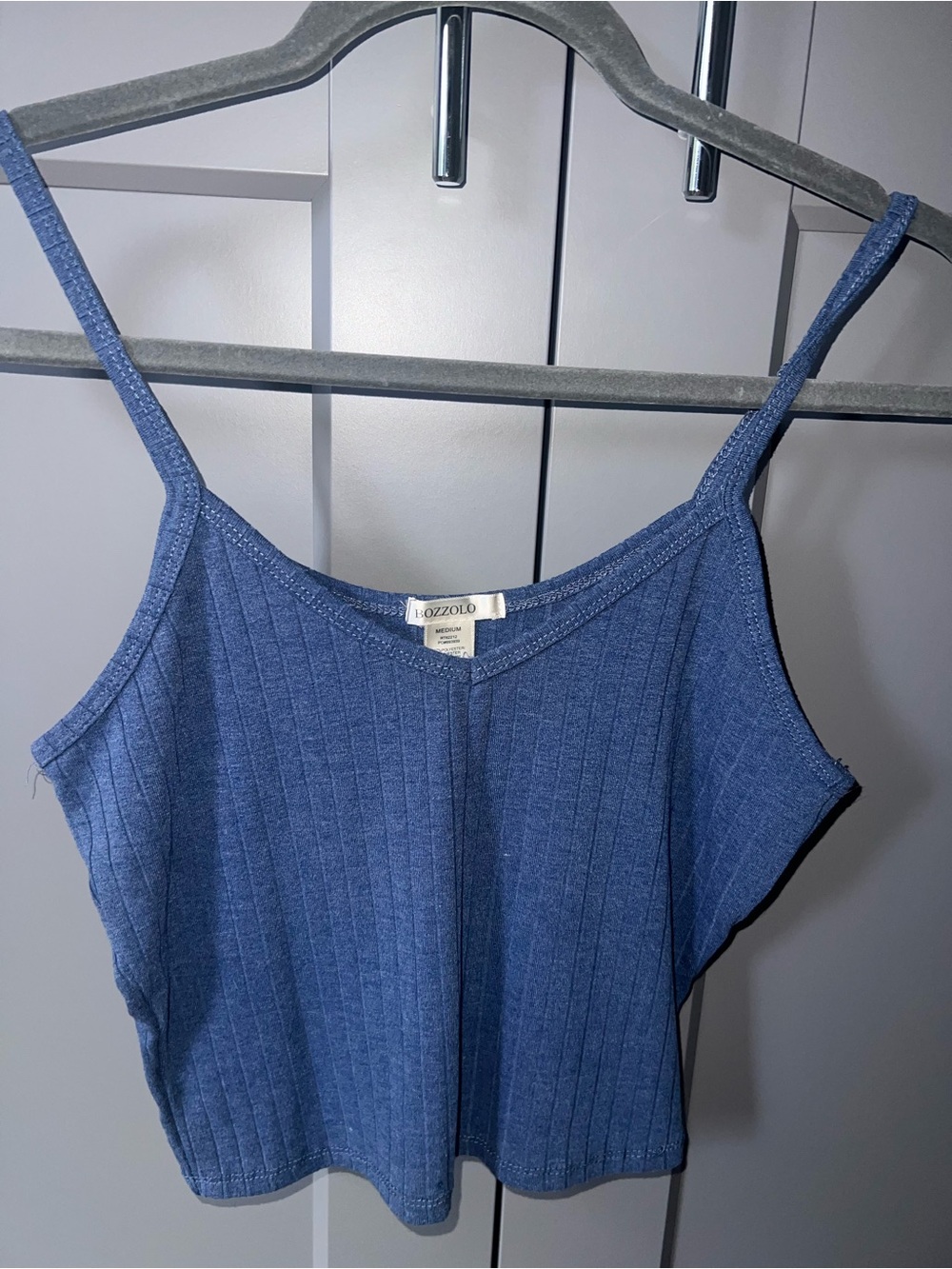 Blue Ribbed Spaghetti Strap Crop Top